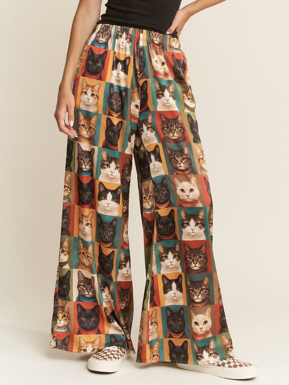NEW Jade By Jane Cat Portrait Wide Leg Satin Pants Sz M Silky Fun Printed Pants
